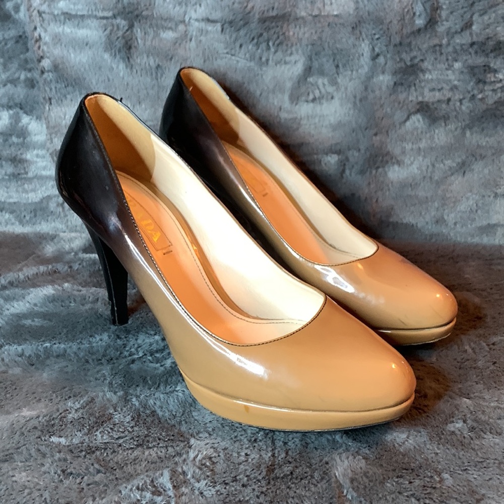 Prada Beige and Black Patent Leather Pumps